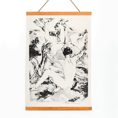 Three acrobats in dynamic abstract black and white style by Arthur Bowen Davies poster depicting figures in motion, with wooden magnetic frame on white background