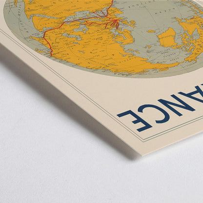 Closeup detail of Vintage Air France travel poster by E Giraud showing world map with airline routes highlighted in red