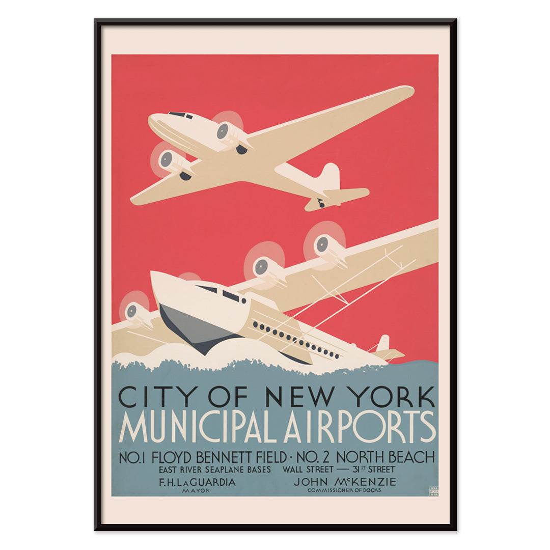 Vintage poster of stylized airplanes flying over water for City of New York municipal airports featuring bold artwork title and locations Floyd Bennett Field and North Beach, with black aluminium frame on white background