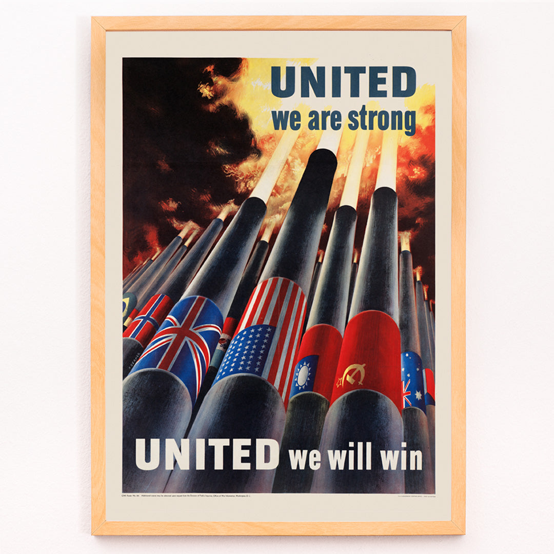 Closeup detail of Allied nation flags on artillery cannons in fiery sky with text United we are strong United we will win by Henry Koerner