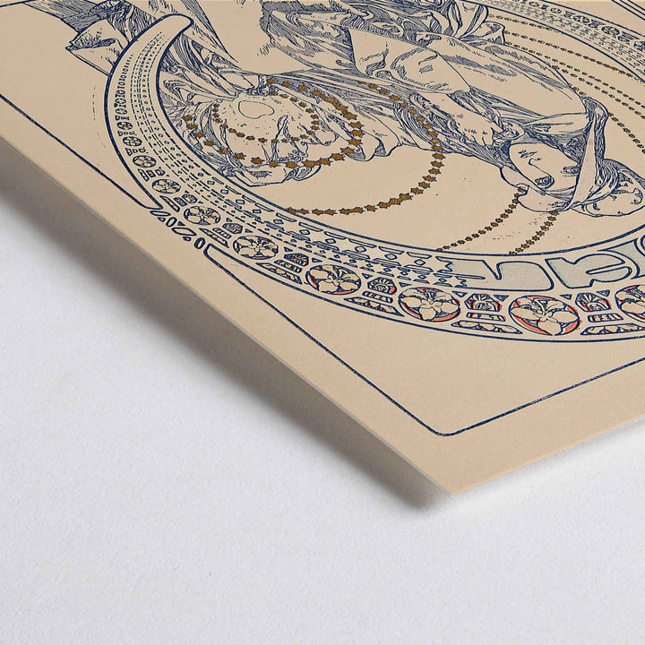 Closeup detail of Alphonse Mucha Au Quartier Latin poster, graceful woman in Art Nouveau linework, beige and blue tones