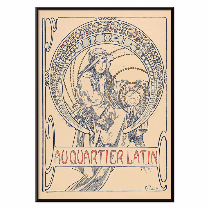 Alphonse Mucha Au Quartier Latin poster, graceful woman in Art Nouveau linework, beige and blue tones, with black aluminium frame on white background
