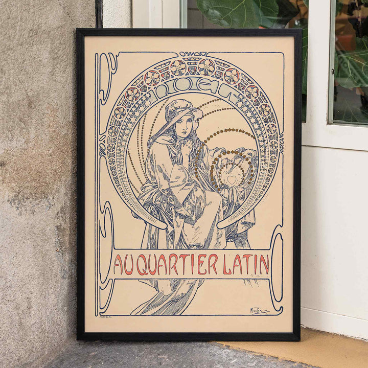 Alphonse Mucha Au Quartier Latin poster, graceful woman in Art Nouveau linework, beige and blue tones, framed and displayed in modern living room decor