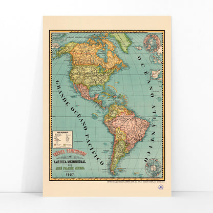 Vintage map poster of North and South America titled América septentrional y América meridional by Paluzie Lucena Josep, framed and displayed in modern living room decor