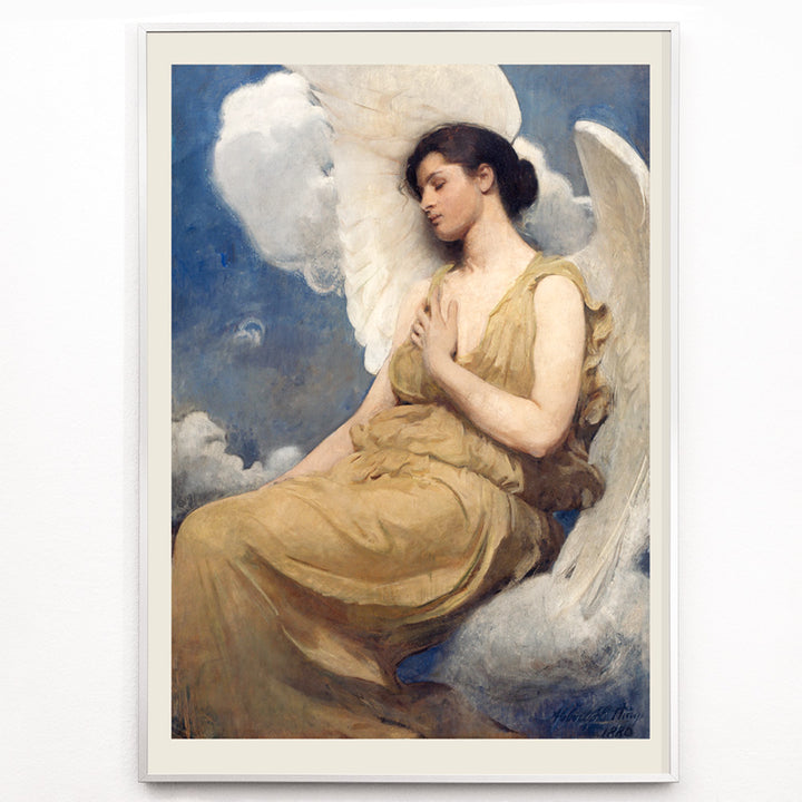 Closeup detail of Winged Figure by Abbott Handerson Thayer serene angelic woman with white wings seated among clouds painting and poster