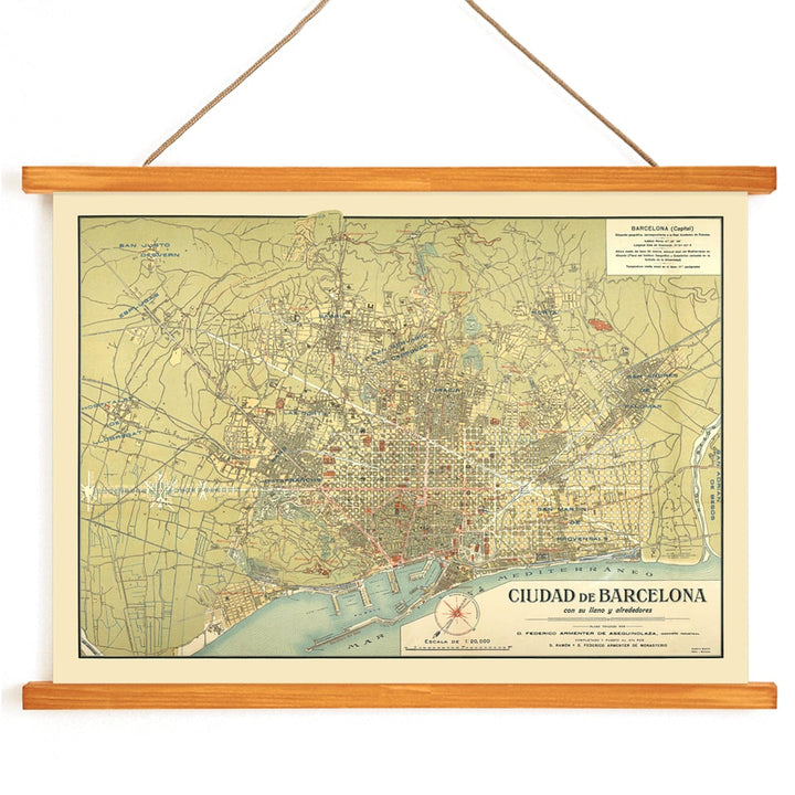 Antique map of Barcelona by D Francisco Coello and D Antonio Sans poster titled Ciudad de Barcelona with detailed city streets and surrounding areas, with wooden magnetic frame on white background
