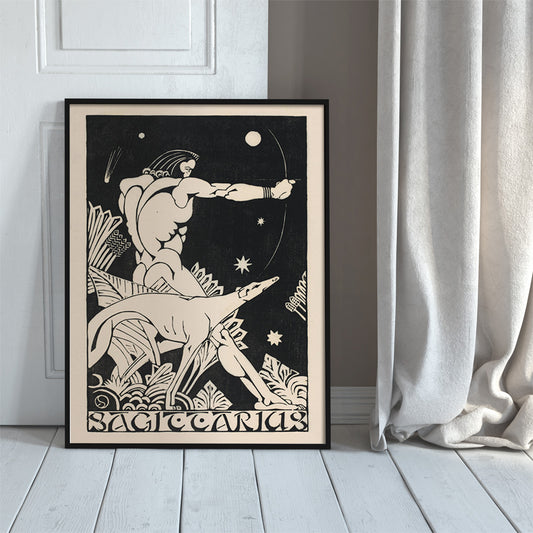Sagittarius archer centaur and dog zodiac artwork surrounded by stars by Henri van der Stok poster, framed and displayed in home decor