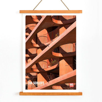 Modern architectural abstract artwork Zug Schleife Switzerland by Mo Art Gallery featuring geometric patterns shadows and orange hues, with wooden magnetic frame on white background