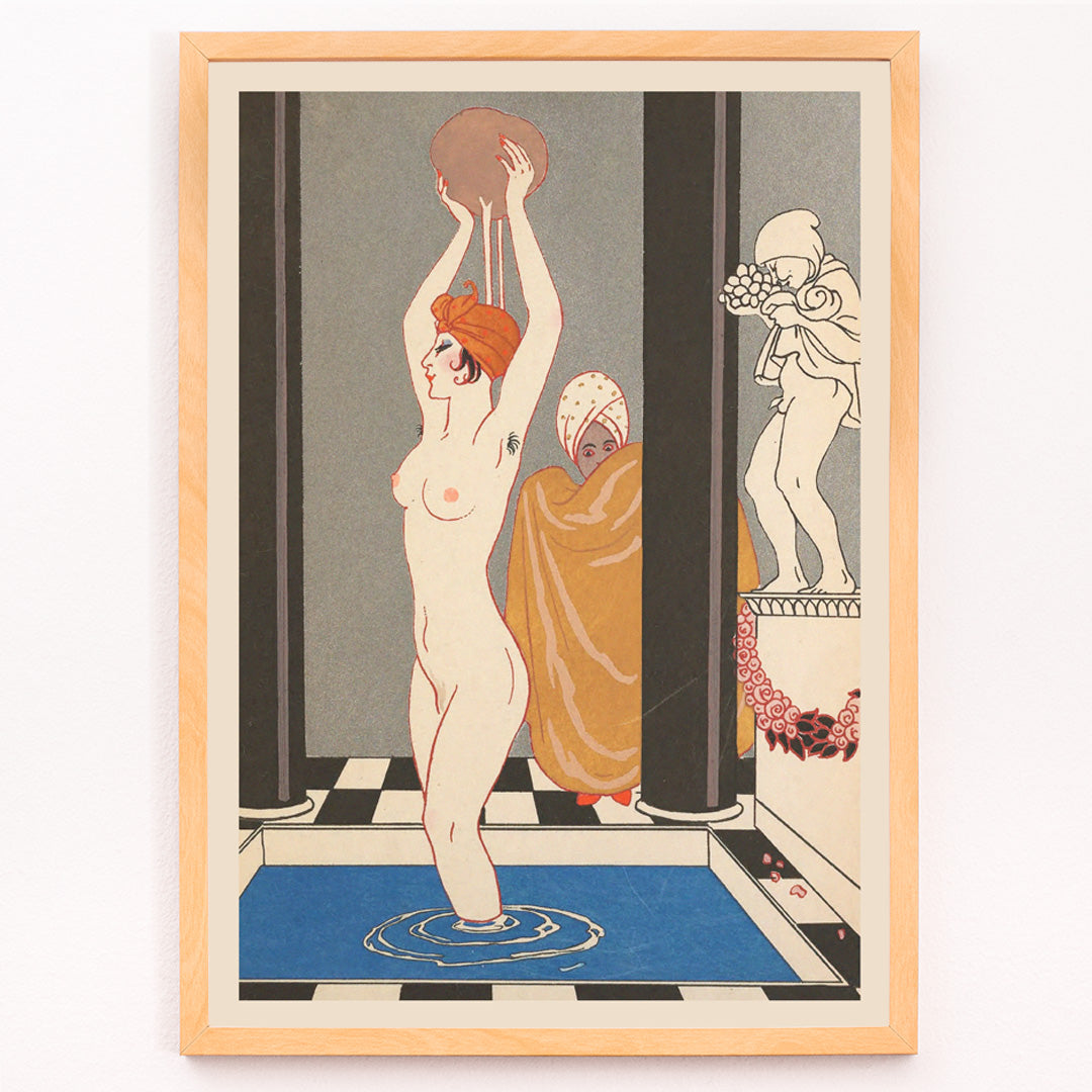 Closeup detail of Art Deco woman bathing inspired by La Vasque by George Barbier with another figure in robe beside statue