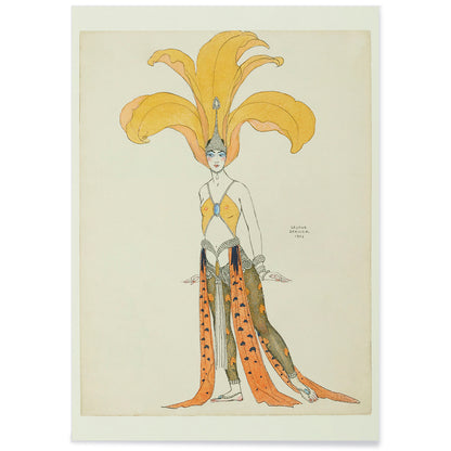 Elegant oriental dancer in elaborate orange costume with headdress from Danseuse en costume oriental by George Barbier poster, with black aluminium frame on white background