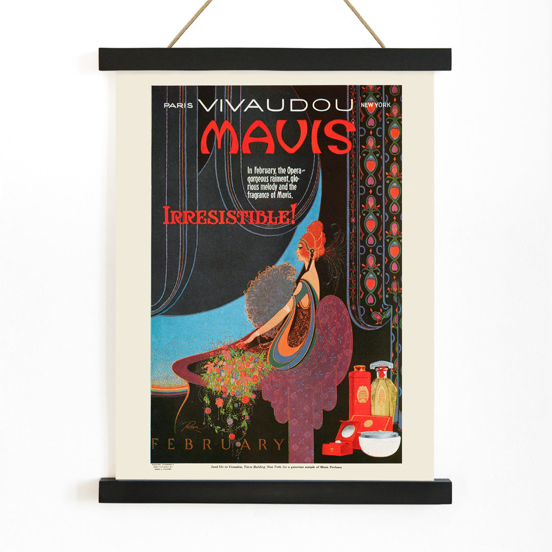 Elegant woman in art deco style with perfume bottles vibrant colors and wall decor poster for Mavis Irresistible by Fred L Parker, with wooden magnetic frame on white background