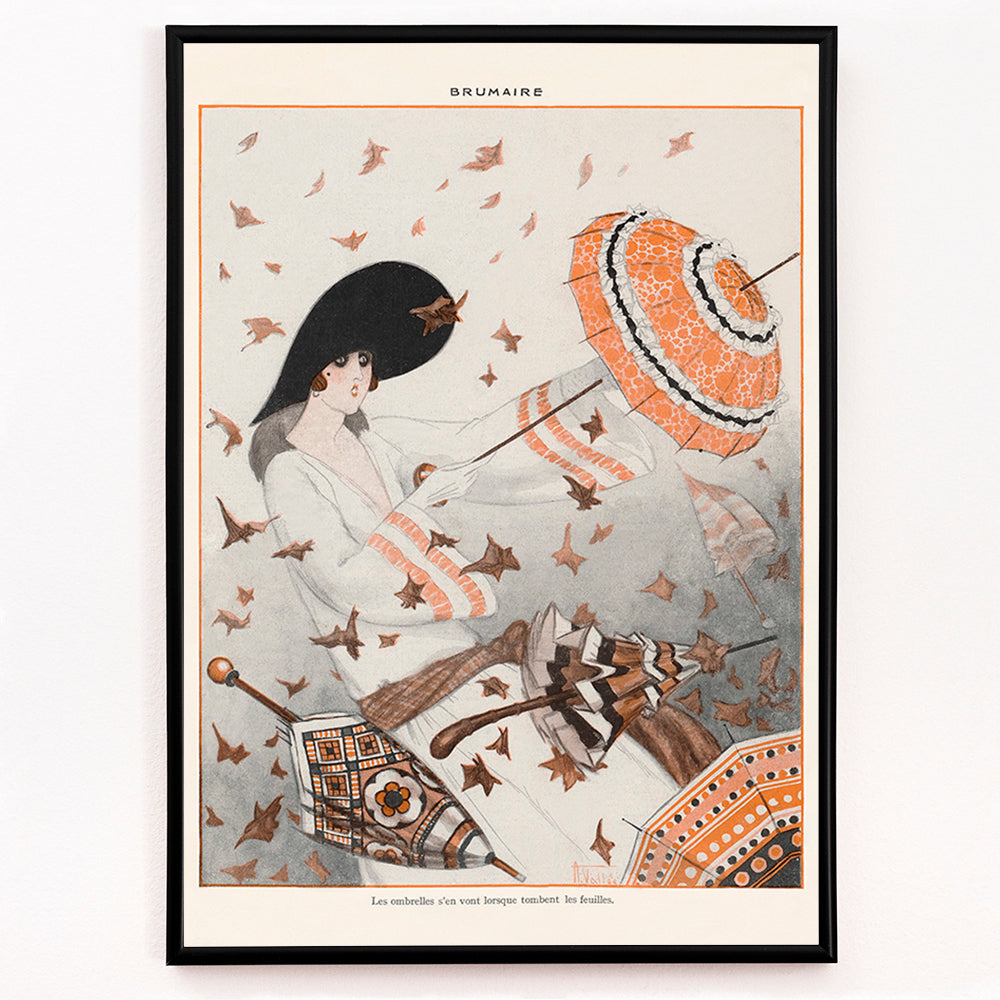 Closeup detail of Brumaire by Armand Vallee poster featuring an elegant woman with a parasol surrounded by autumn leaves and wind
