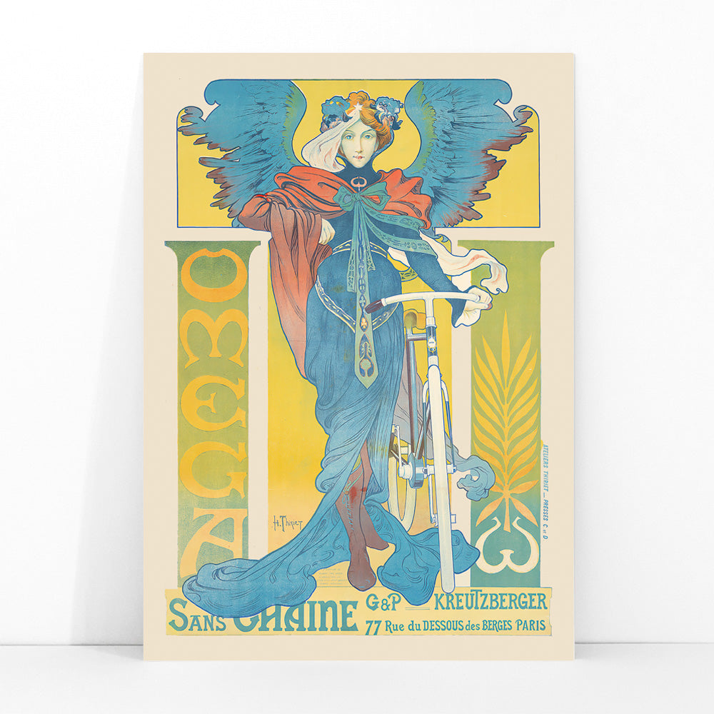 Art Nouveau poster by Henri Thiriet Omega featuring a woman in flowing robes with wings beside a bicycle colorful illustration and decorative text, framed and displayed in modern living room decor