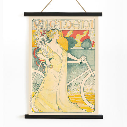 Art Nouveau poster of elegant woman in flowing gown holding bicycle by Arthur Foache Clement, with wooden magnetic frame on white background