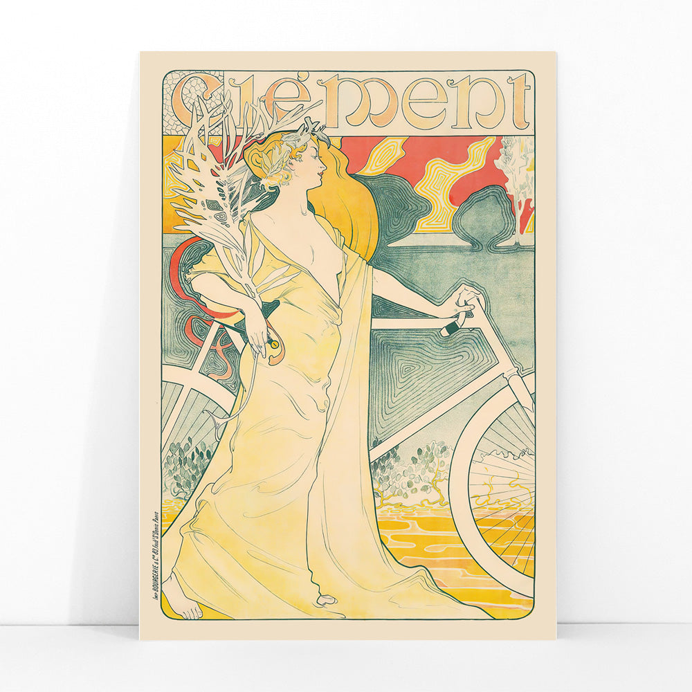 Art Nouveau poster of elegant woman in flowing gown holding bicycle by Arthur Foache Clement, framed and displayed in modern living room decor