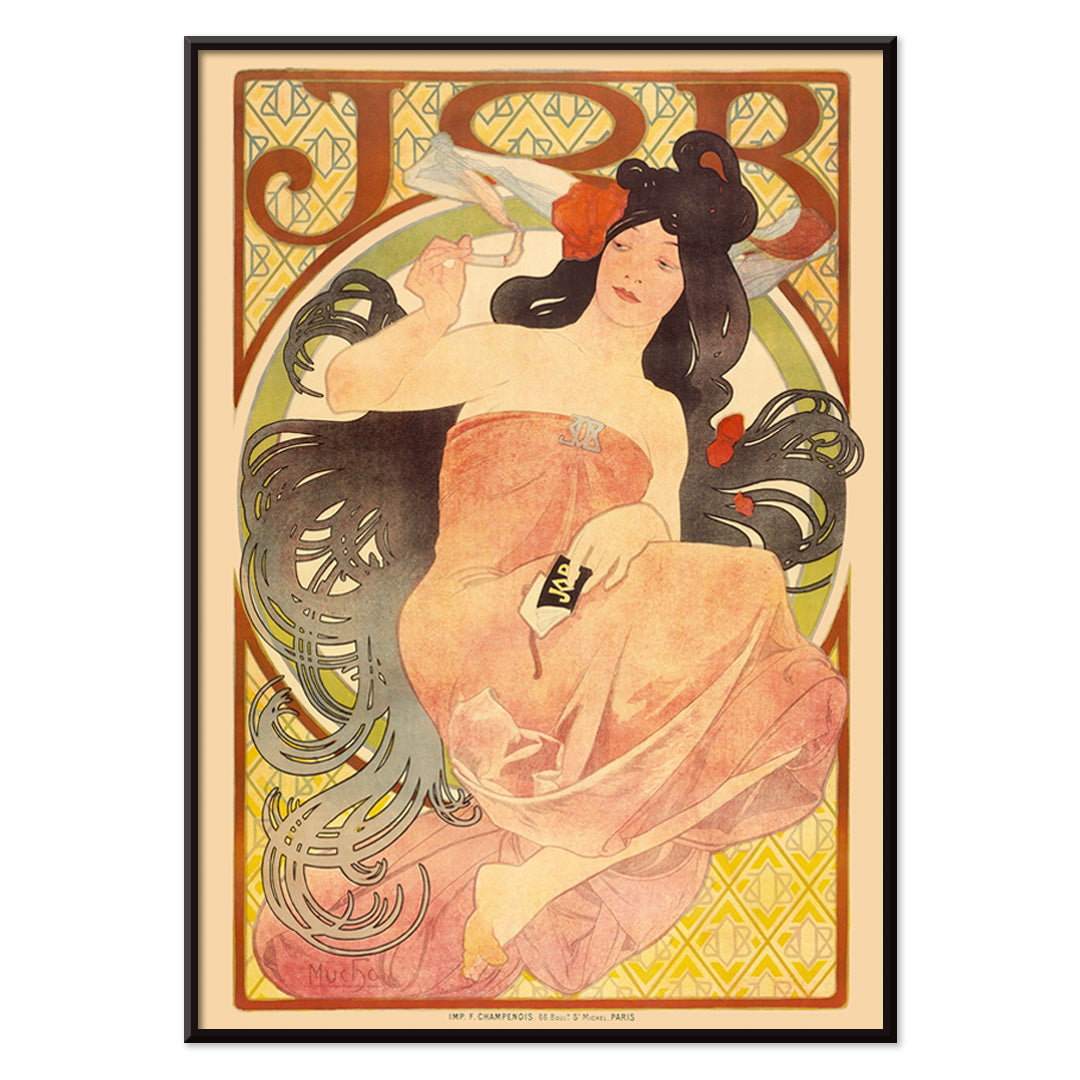 Art Nouveau poster by Alphonse Mucha featuring an elegant woman in a flowing dress with dark hair titled Job, with black aluminium frame on white background