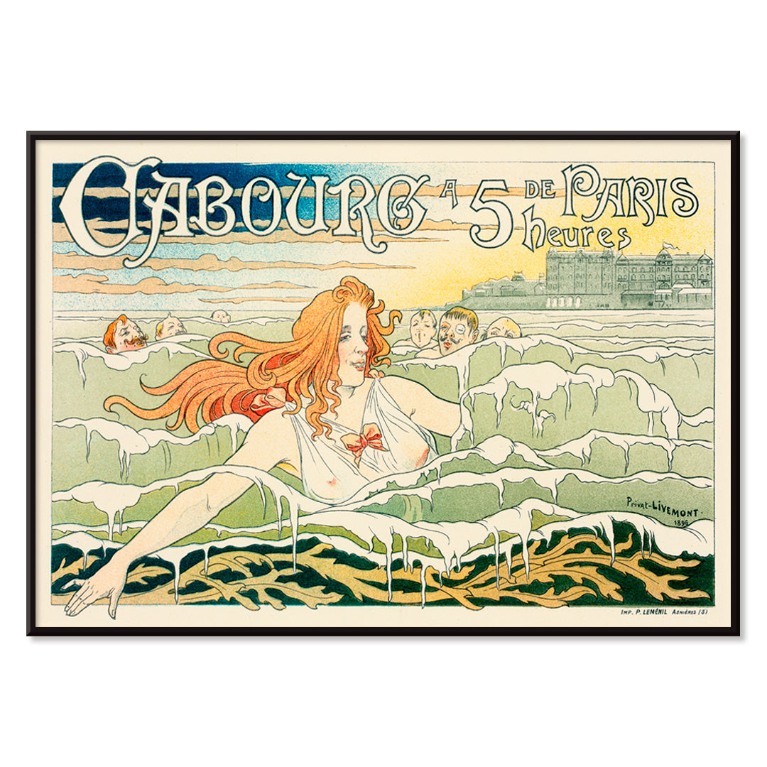 Art Nouveau poster of a red haired woman with flowing hair swimming in the sea near Casino De Cabourg by Henri Privat Livemont, with black aluminium frame on white background
