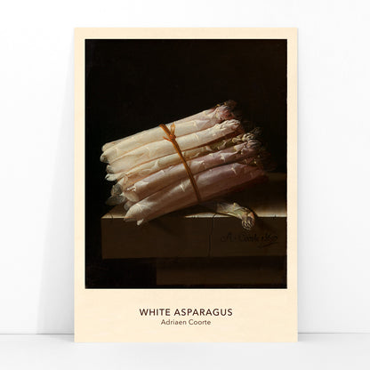 Still life painting of white asparagus on a table by Adriaen Coorte poster artwork, framed and displayed in modern living room decor