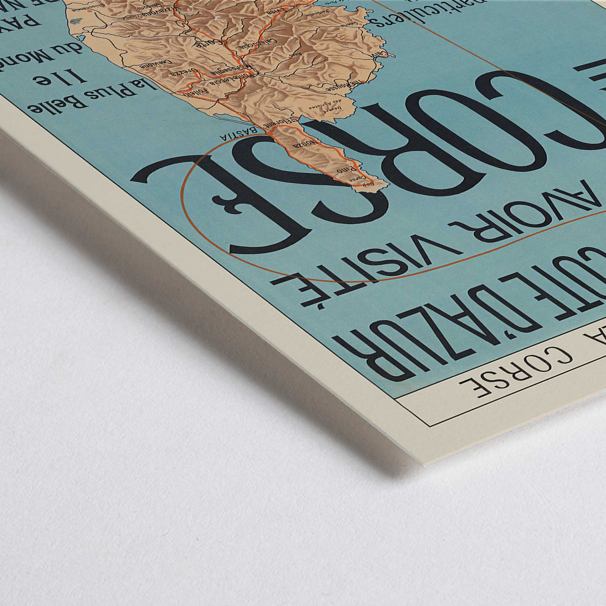 Closeup detail of Auto-Circuits de la Corse poster map of Corsica with touring routes and sea connections to Nice and Cannes