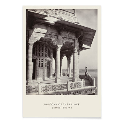 Architectural photography and poster of ornate palace balcony with intricate columns and carvings by Samuel Bourne titled Balcony of the Palace, with black aluminium frame on white background