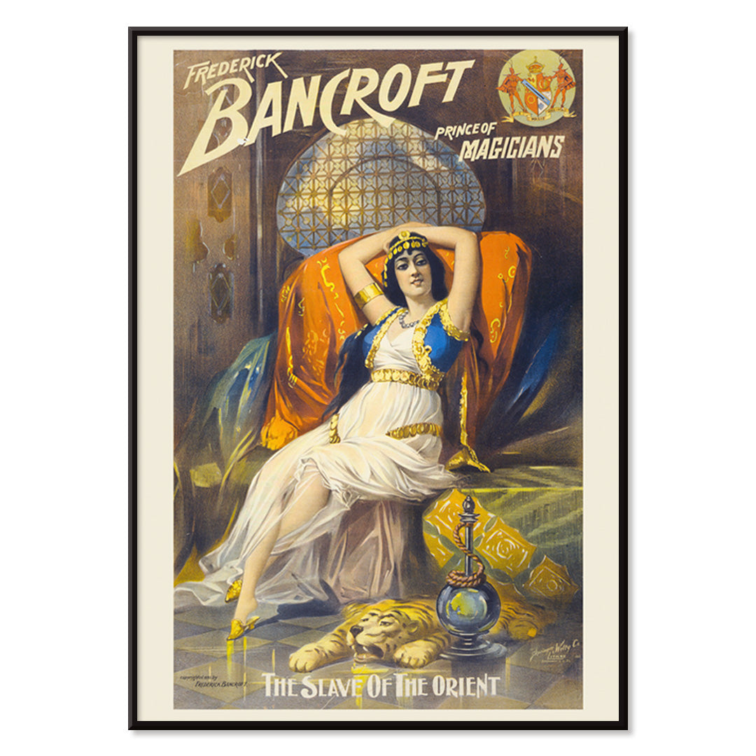 Woman in exotic attire reclining on luxurious couch with hookah and tiger rug Frederick Bancroft prince of magicians artwork poster by Springer and Welty Lith, with black aluminium frame on white background