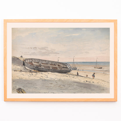 Closeup detail of Beached barges and figures on sandy shore with distant boats Barges on the beach by Willem Anthonie van Deventer painting