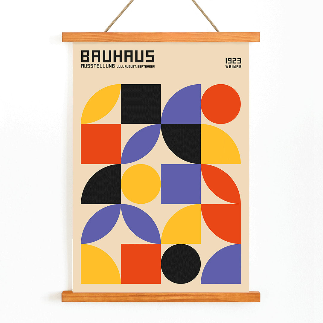 Bauhaus Poster 10 inspired by the Weimar Exhibition featuring colorful geometric shapes in red yellow blue and black on a beige background modern design, with wooden magnetic frame on white background