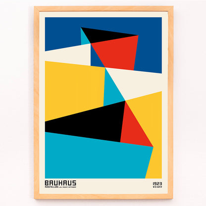 Bauhaus poster 15 by Schlemmer featuring abstract geometric shapes and geometric abstract art in primary colors, framed and displayed in modern living room decor