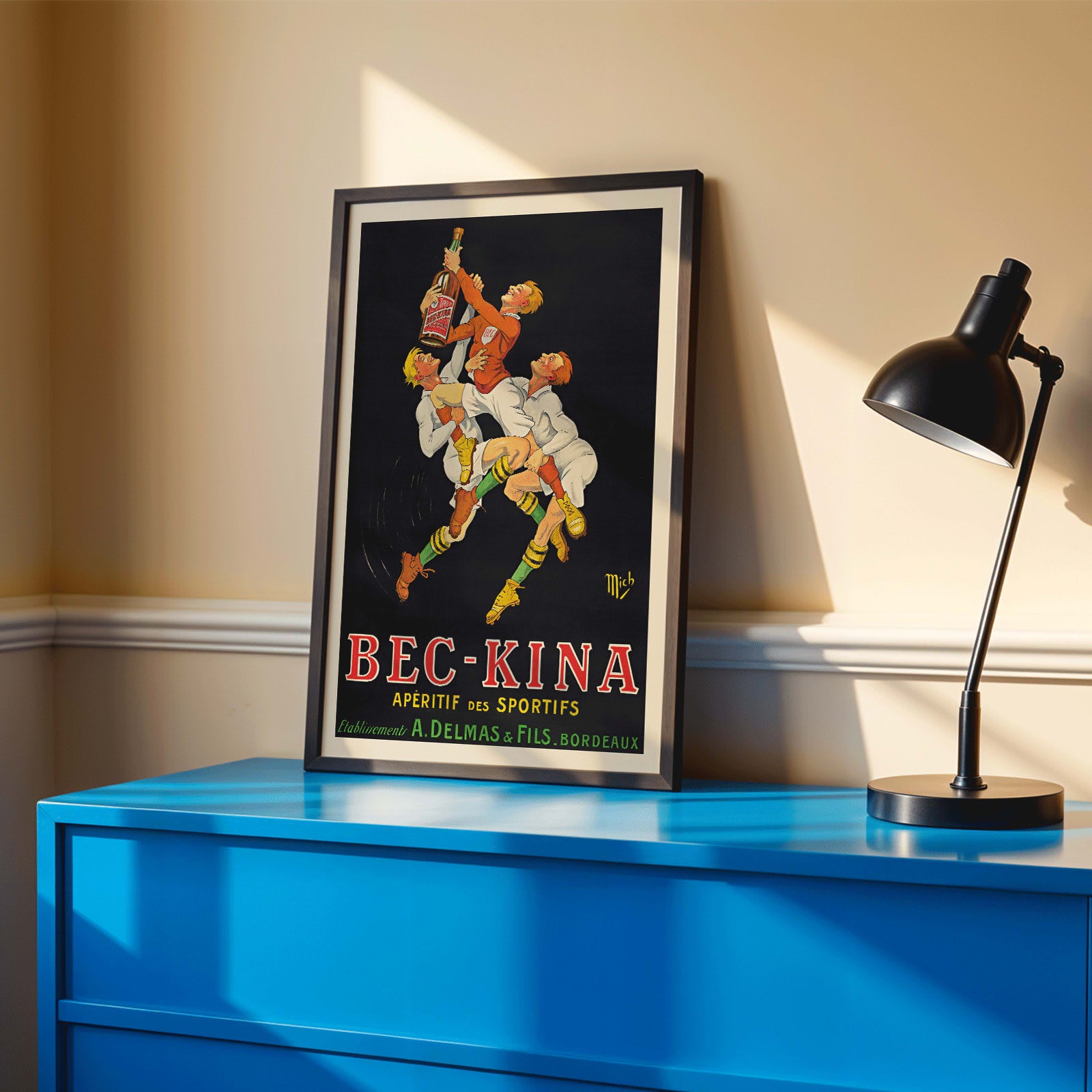 Bec-Kina poster by Michel Liebeaux showing athletes reaching for a bottle in vibrant dynamic sports-themed artwork, framed and displayed in home decor