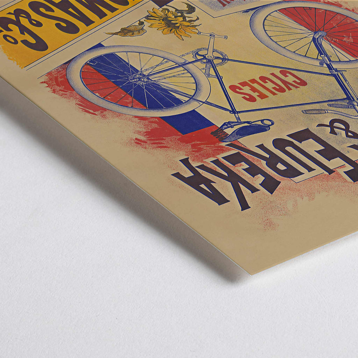 Closeup detail of Bayliss Thomas Excelsior and Eureka Cycles vintage poster with blue bicycle and bold lettering