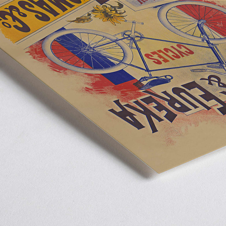 Closeup detail of Bayliss Thomas Excelsior and Eureka Cycles vintage poster with blue bicycle and bold lettering
