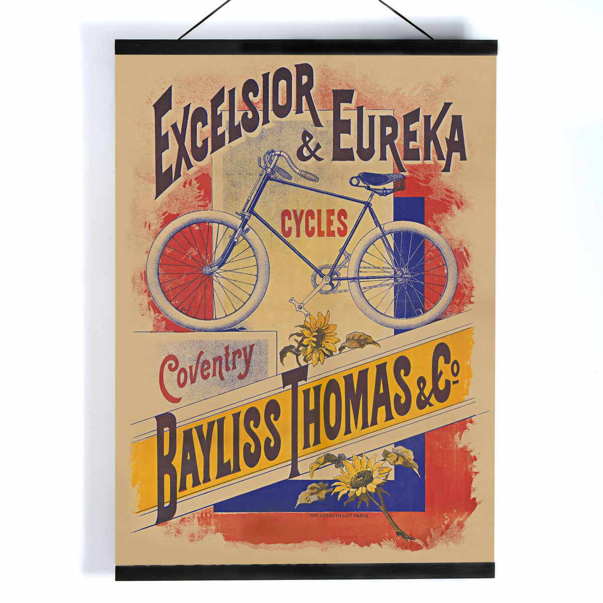 Bayliss Thomas Excelsior and Eureka Cycles vintage poster with blue bicycle and bold lettering, with wooden magnetic frame on white background