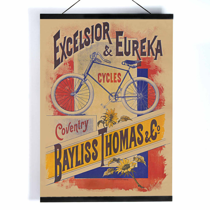 Bayliss Thomas Excelsior and Eureka Cycles vintage poster with blue bicycle and bold lettering, with wooden magnetic frame on white background