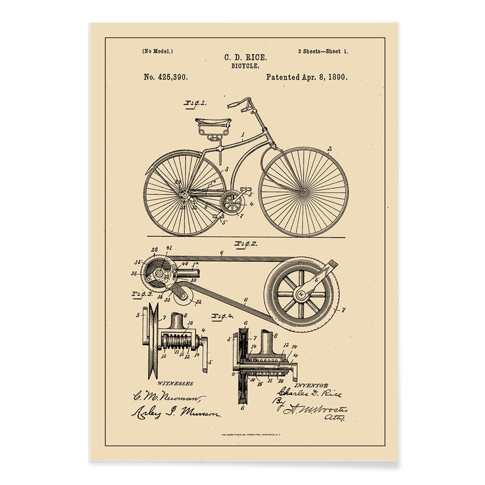 Bicycle technical illustration and mechanical parts drawing by C D Rice from Bicycle patent displayed on vintage background, with black aluminium frame on white background
