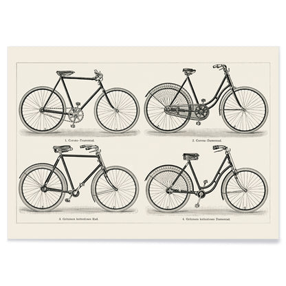 Vintage bicycles black and white lithograph from Meyers Konversations Lexikon showing various types poster, with black aluminium frame on white background