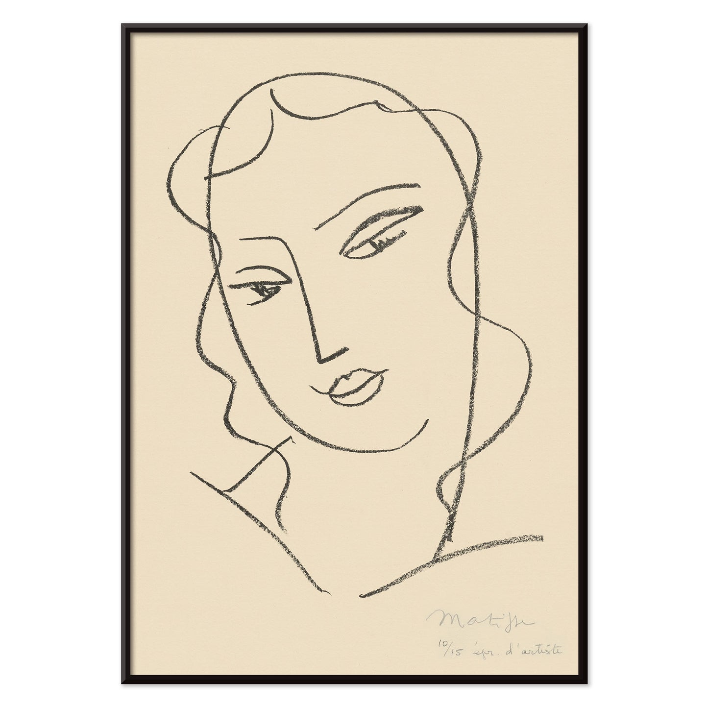 Henri Matisse Veiled Head poster with minimalist veiled face in black linework on a warm pale background, with black aluminium frame on white background