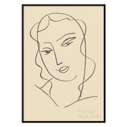 Henri Matisse Veiled Head poster with minimalist veiled face in black linework on a warm pale background, with black aluminium frame on white background
