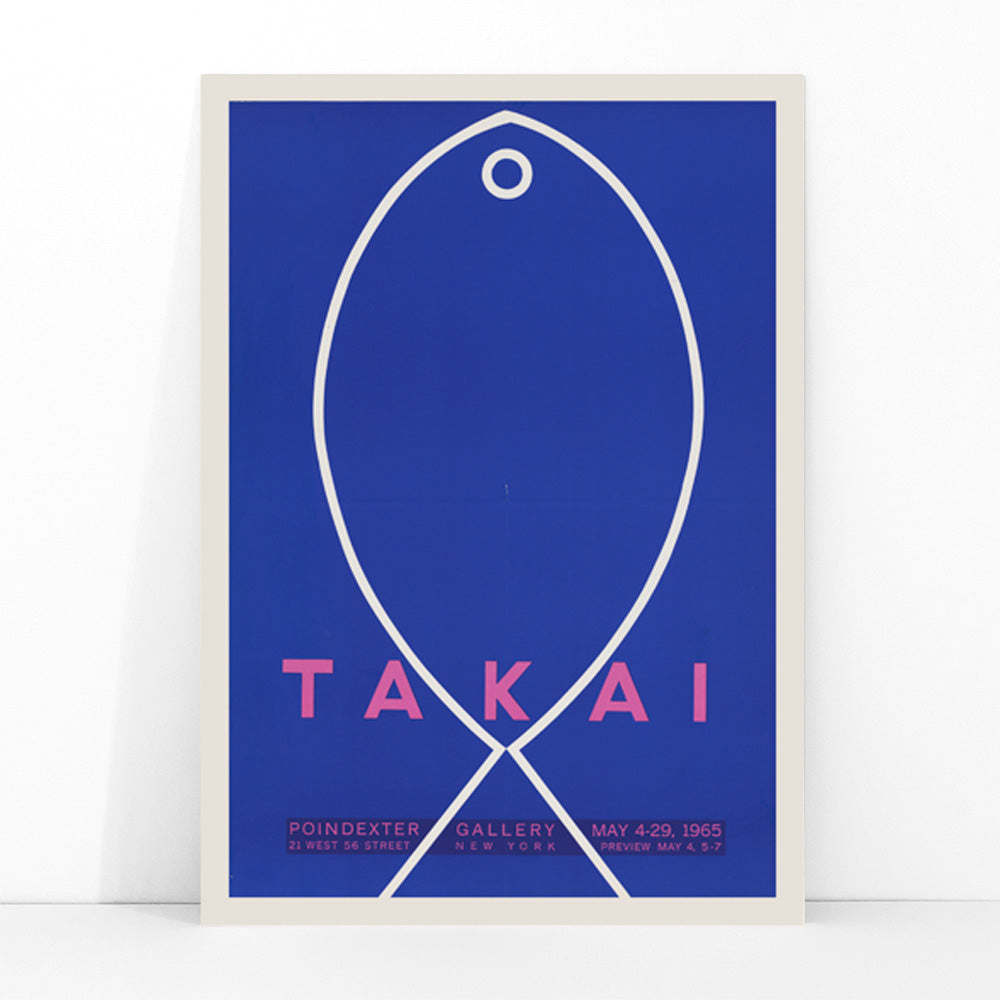 Minimalist blue and white fish outline artwork poster on blue background with Takai exhibition details by Teiji Takai, framed and displayed in modern living room decor