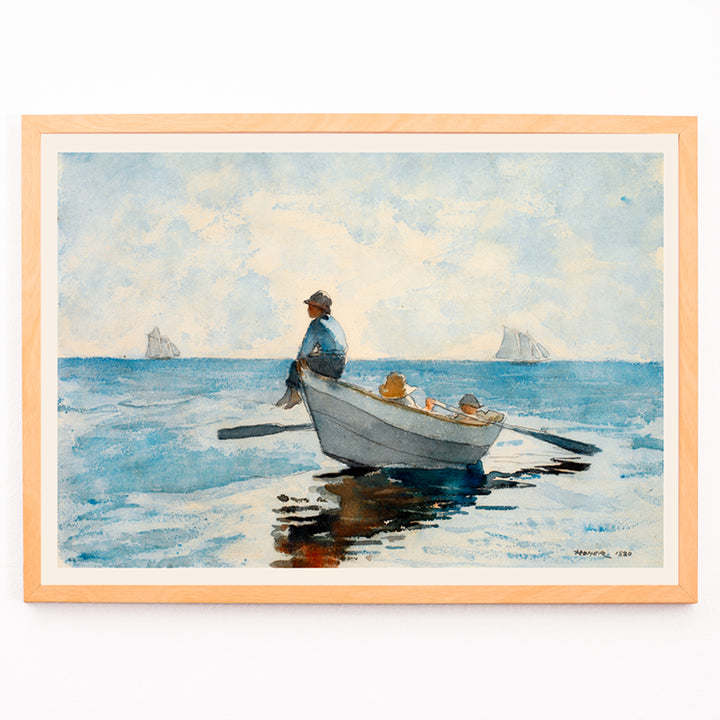 Closeup detail of Boys in a Dory by Winslow Homer three boys relaxing in a rowboat on calm blue ocean with distant sailboats