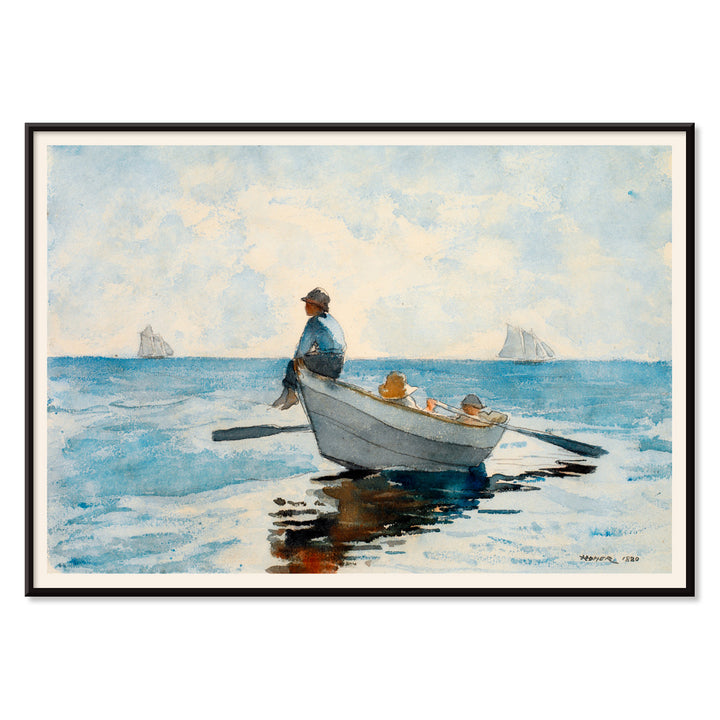 Boys in a Dory by Winslow Homer three boys relaxing in a rowboat on calm blue ocean with distant sailboats, with black aluminium frame on white background