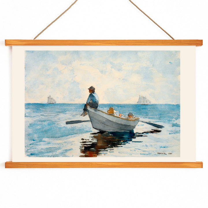 Boys in a Dory by Winslow Homer three boys relaxing in a rowboat on calm blue ocean with distant sailboats, with wooden magnetic frame on white background