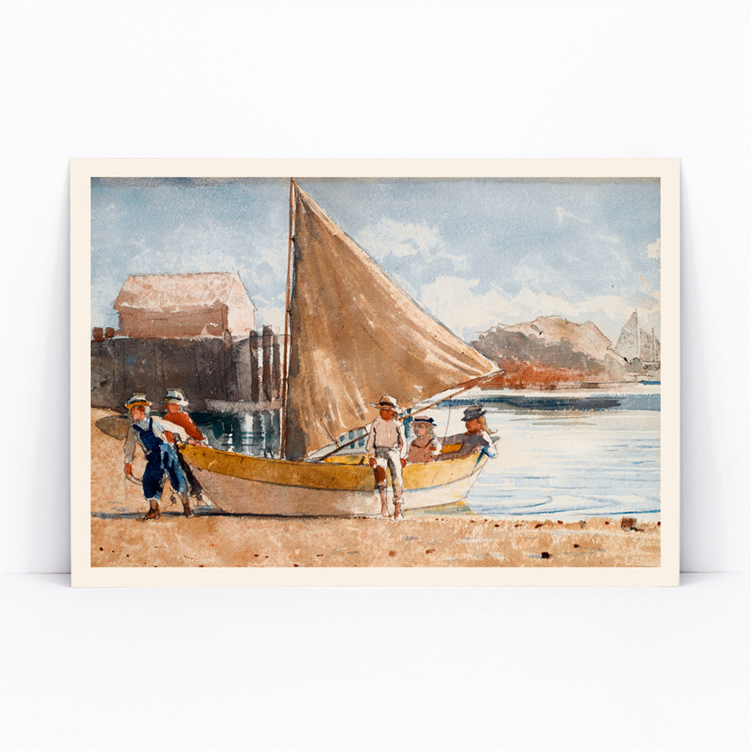 Summertime by Winslow Homer painting of children on a sailboat at the beach and by the sea with a sailboat on the shore displayed in a black frame, framed and displayed in modern living room decor