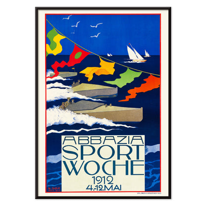 Colorful regatta scene with motorboats and sailboats racing on blue water with colorful flags by Stefanie Glax Abbazia Sport Woche, with black aluminium frame on white background