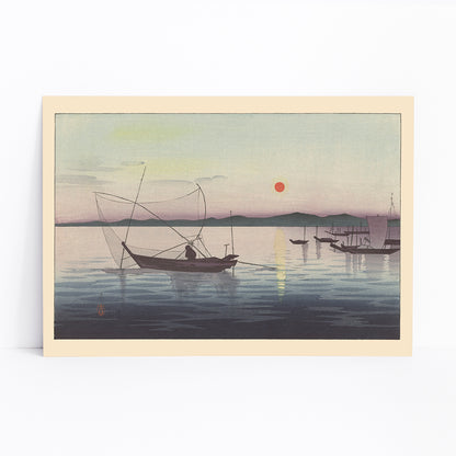Traditional Japanese boats on calm water at sunset with mountains artwork by Ohara Koson, framed and displayed in modern living room decor