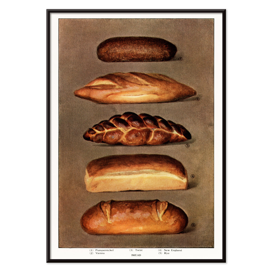 Vintage illustration and poster of assorted bread loaves from The Grocers Encyclopedia classic artwork, with black aluminium frame on white background