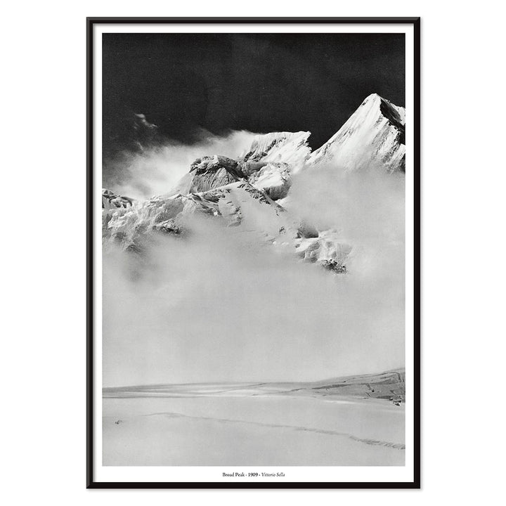Broad Peak mountain view from Godwin-Austen Glacier snow-covered and obscured by clouds photo by Vittorio Sella, with black aluminium frame on white background