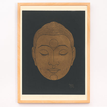 Closeup detail of Minimalist golden Buddha head illustration artwork by Reijer Stolk on dark background poster titled Head of Buddha
