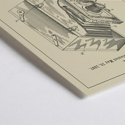 Closeup detail of Vintage photographic camera patent diagram and detailed poster illustration by TH Blair