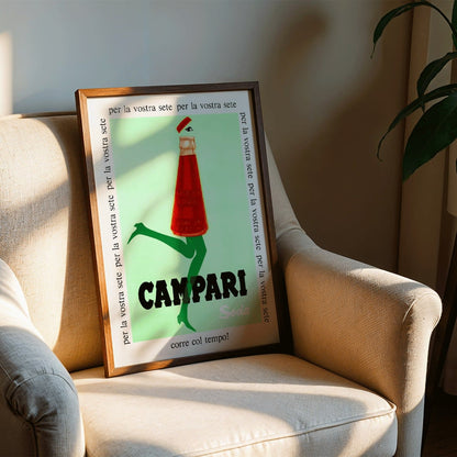 Campari Soda advertising posters by Franz Marangolo and Leonetto Cappiello featuring stylized bottles with green legs and walking on a green background, framed and displayed in home decor