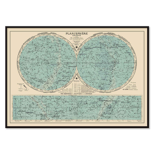 Joseph Forest Celestial planisphere poster with twin star hemispheres, constellation markings, and vintage teal scientific map, with black aluminium frame on white background